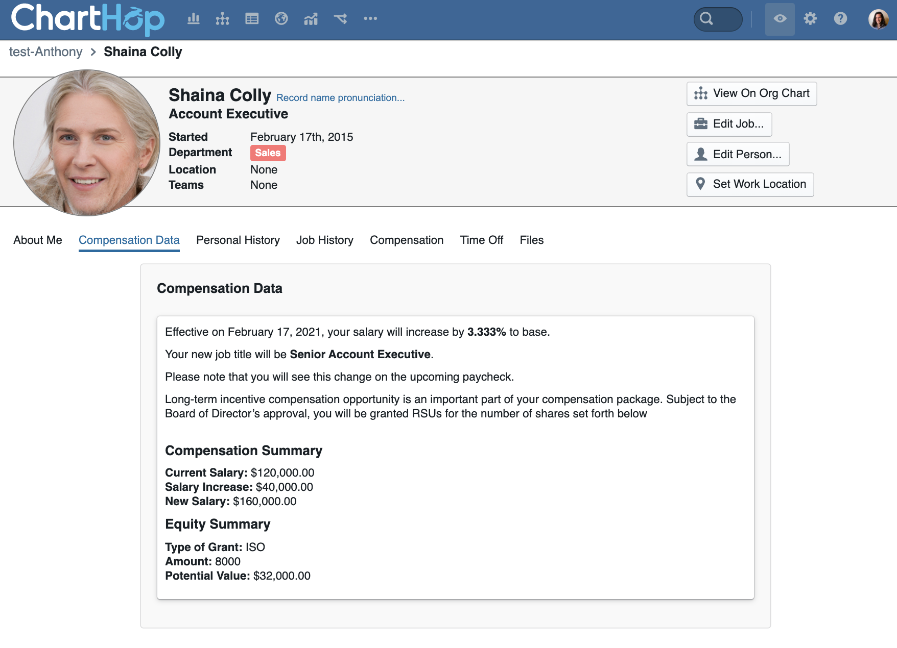 Comp changes on ChartHop employee profiles